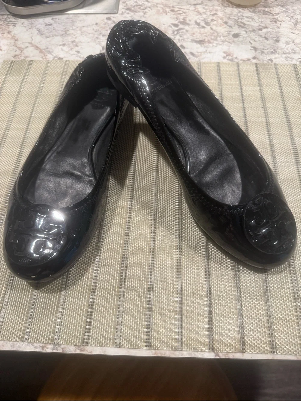 Tory Burch Black Patent Logo Round-Toe Ballet Flats